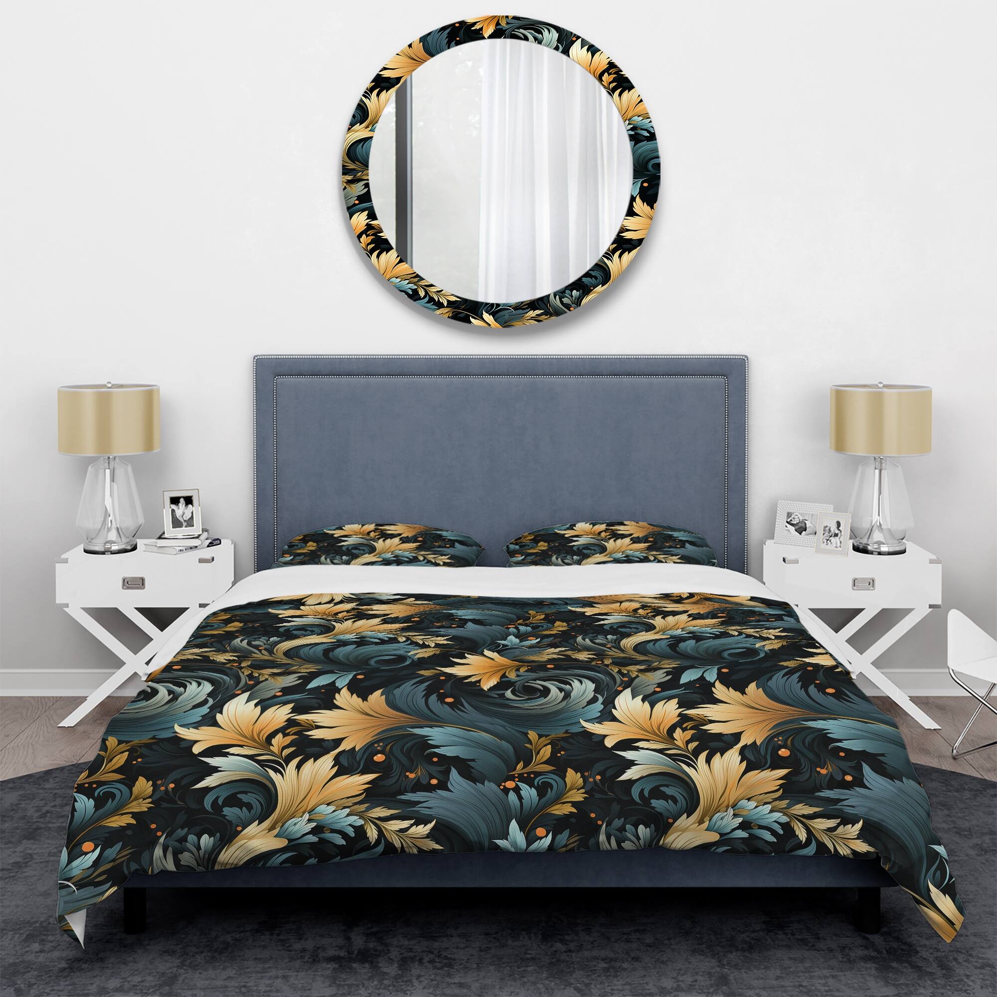 Designart "Black And Gold Damask Flower Blossoms II" Gold Damask